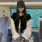 Two-tone Cropped Baseball Jacket Black & White - One Size