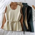 Set: Cowl-neck T-shirt + Faux-leather Vest With Belt