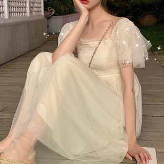 Sequined Mesh Short-sleeve Midi A-line Dress