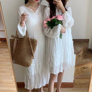 Set: Long-sleeve Crinkle Chiffon Dress + Slipdress
