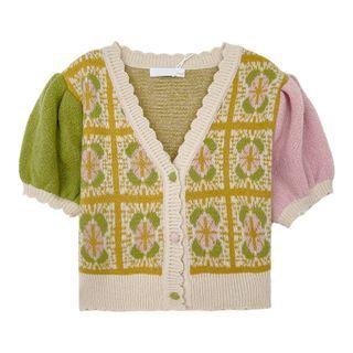 Short-sleeve V-neck Panel Flower Printed Knit Cardigan Floral - One Size