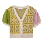 Short-sleeve V-neck Panel Flower Printed Knit Cardigan Floral - One Size
