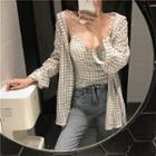 Set: Check Long-sleeve Loose-fit Jacket + Camisole Top