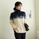 Turtle-neck Two-tone Cable-knit Sweater