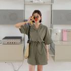 Drawstring Waist Linen Blend Romper