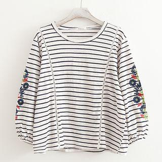 Long Sleeve Striped Flower Embroidery T-shirt