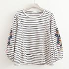 Long Sleeve Striped Flower Embroidery T-shirt