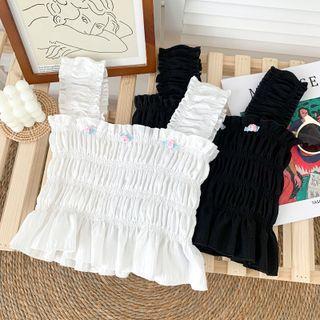 Rose-accent Ruffle-trim Smocked Crop Top