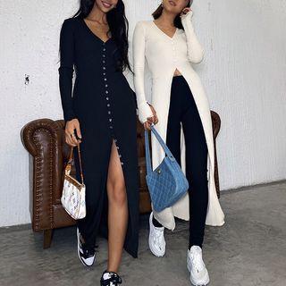 Long-sleeve V-neck Plain Button-up Slim-fit Midi Dress