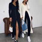 Long-sleeve V-neck Plain Button-up Slim-fit Midi Dress