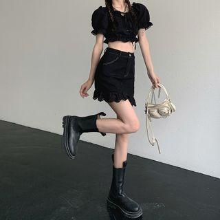 Short-sleeve Blouse / Mini Denim Skirt