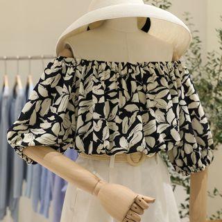 Off Shoulder Elbow-sleeve Top White Flowers - Dark Blue - One Size