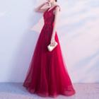 Lace Panel V-neck Sleeveless Evening Gown