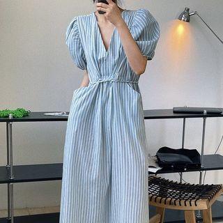 Puff-sleeve V-neck Striped Midi Dress