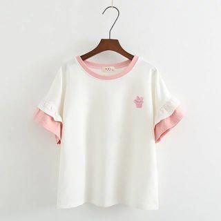 Elbow-sleeve Panel Top/short-sleeve T-shirt
