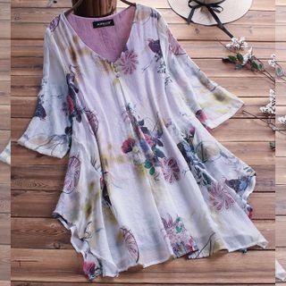 Print V-neck Wide Flower Shirt