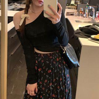 High-waist Floral A-line Skirt Black - One Size