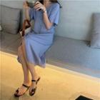 Plain V-neck Short-sleeve Dress Blue - One Size