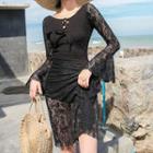 Set: Long-sleeve Lace Swimsuit + Cover-up Skirt