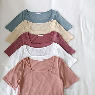 Plain Square-neck Short-sleeve Top