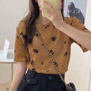 Short-sleeve Floral Shirred T-shirt