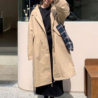 Long-sleeve Drawstring Cargo Long Jacket Khaki - One Size