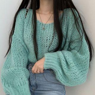 Puff-sleeve Cut-out Knit Sweater