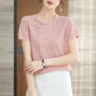 Short-sleeve Round Neck Ribbon Accent Knit Top