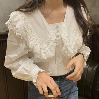 Puff-sleeve Sailor-collar Blouse White - One Size