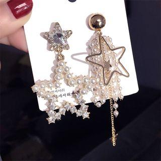 Non-matching Faux Pearl Rhinestone Star Dangle Earring Silver Needle - Star - Gold - One Size