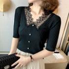 Short-sleeve V-neck Lace Panel Knit Top