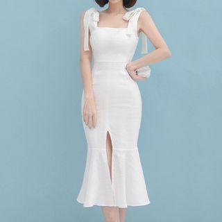 Tie-shoulder Ruffle Hem Bodycon Dress