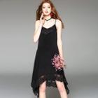 Lace Trimming Silk A-line Spaghetti Strap Dress