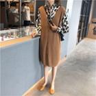 Leopard Print Long-sleeve Loose-fit Shirt / Plain Knit Vest