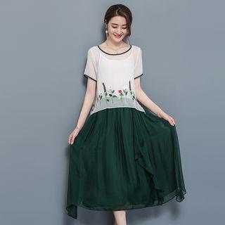 Set: Embroidered Short-sleeve Silk Top + Midi Spaghetti Strap Dress