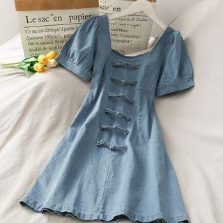 Frog-button Denim Qipao Mini Dress