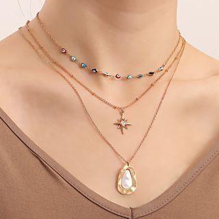 Star Faux Pearl Evil Eye Pendant Layered Alloy Necklace Gold - One Size