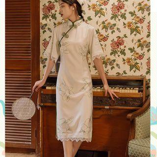 Elbow-sleeve Floral Print Lace Trim Midi Sheath Qipao Dress