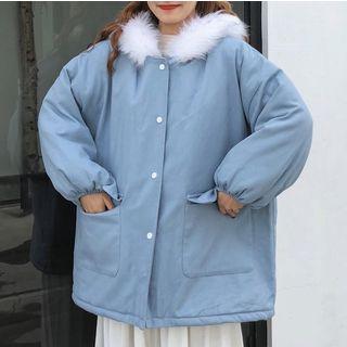 Furry-trim Hooded Padded Button Coat