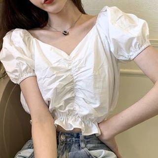 Frilled Trim Shirred Puff-sleeve Sleeve Cropped Top