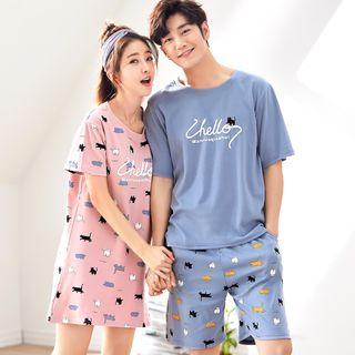Couple Matching Short-sleeve Cat Print Lounge T-shirt / Lounge Shorts / Sleep Dress / Set