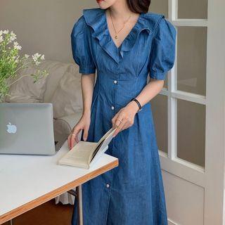 Puff-sleeve Ruffled Denim Midi A-line Dress Blue - One Size
