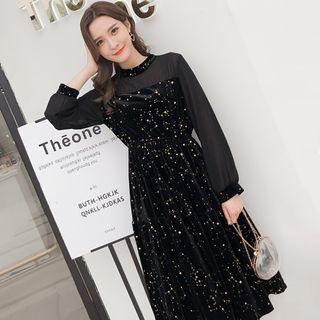 Long-sleeved Sequined A-line Panel Mesh Sheath Dress