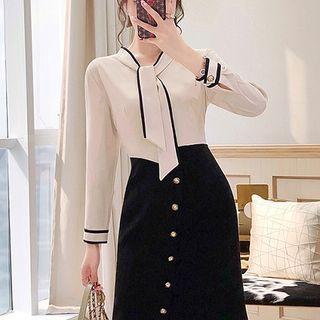 Asymmetric Hem Bow Accent Long-sleeve Sheath Dress