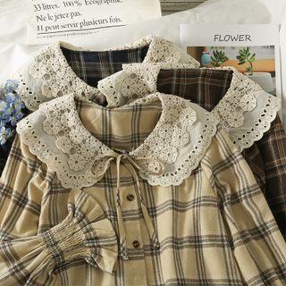 Tie-neckline Jacquard-collar Loose Plaid Shirt