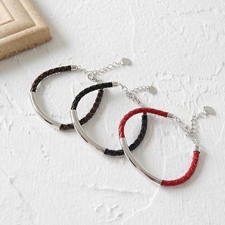 925 Sterling Silver Bar Woven Faux Leather Bracelet