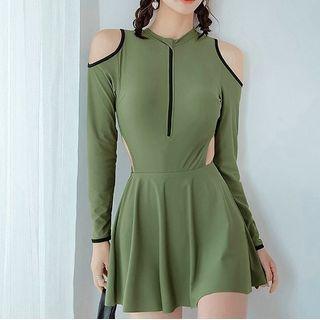 Set: Long-sleeve Cold-shoulder Swimsuit + Skirt