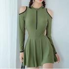 Set: Long-sleeve Cold-shoulder Swimsuit + Skirt