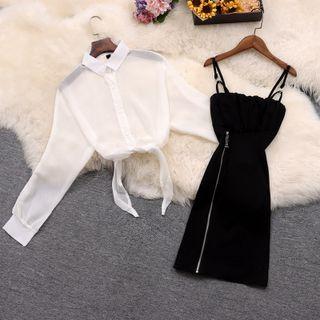 Set: Tie-front Shirt + Zip Detail Overall Dress