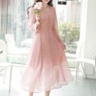 Buttoned Smocked-waist Maxi Chiffon Dress Pink - One Size
